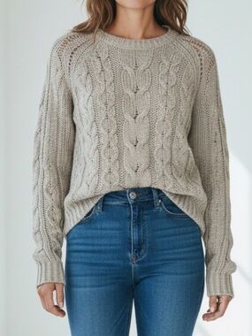 Atmosphere Soft Grey Cable Knit Sweater, Wool Blend